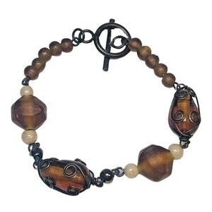 Brown Glass Beaded Bracelet 5.25” Wrapped Wire Copper Bohemian